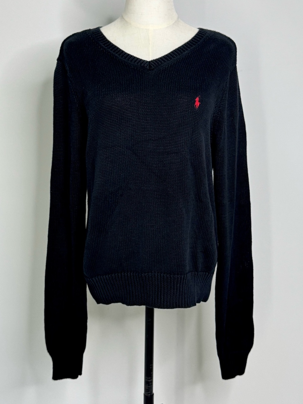 Ralph Lauren Women’s Cotton V-Neck Knit Sweater Black Red Pony Size XL